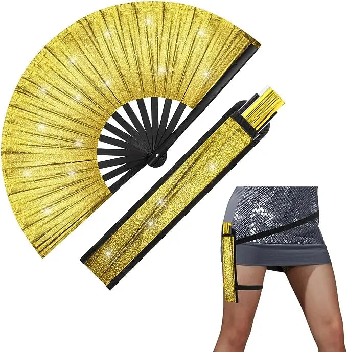 FAREA Large Glitter Folding Handheld Fan Leg Strap Clack Rave Festival Accessories Fabric Case Bag Holster Promotional Party