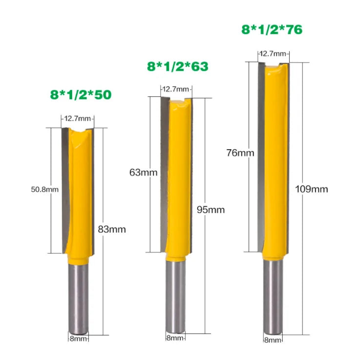 L-N196 1pc 8mm Shank Long Blade Straight Router Bit 1/2inch Tip Double Flutes Trimming Bits
