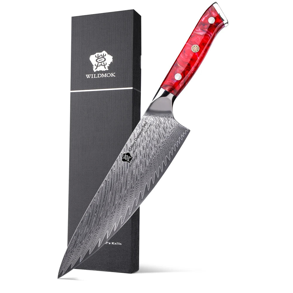 WILDMOK Chef Knife 8 Inch Damascus Japanese Chef Knife Black Resin Handle Kitchen Knives