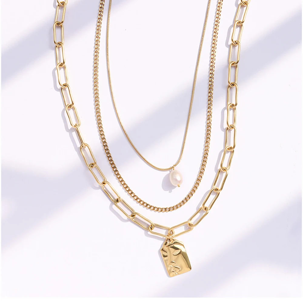 Fashion Gold Plated Paperclip Chain square Face Pearl Pendant Three Layer Women 2021 18k Stainless Steel Necklace