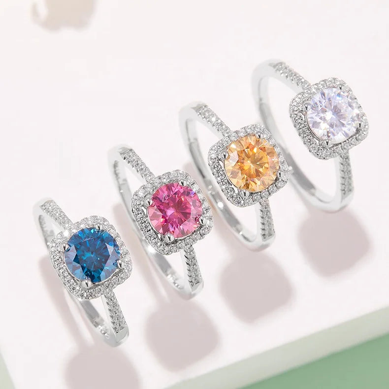 Elegant 1-Carat Lab Created Moissanite Wedding Ring S925 Silver Square Bag Gold Plating Hot Selling Colorful Diamond Alternative