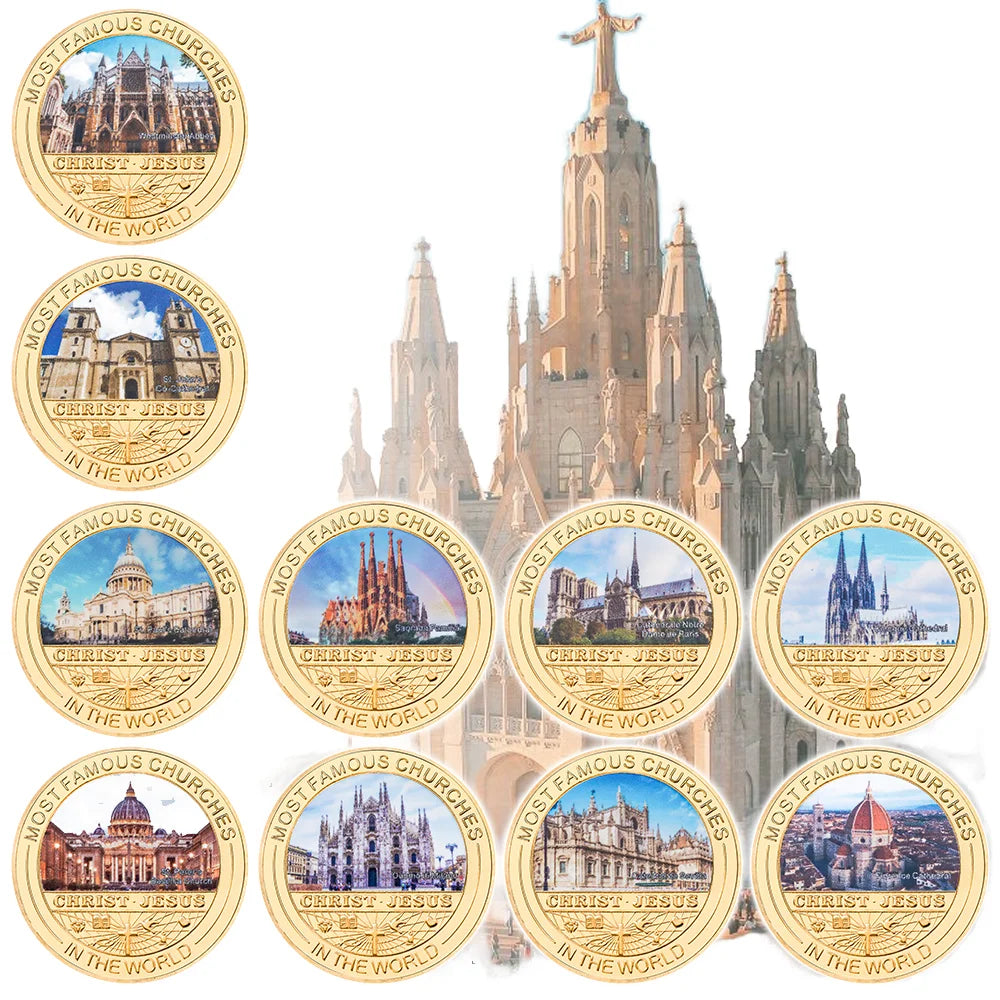Wholesale Souvenir Gifts World Famous Church UV Printed Gold Plated Metal Challenge Commemorative Coins for Collection MegaBDM