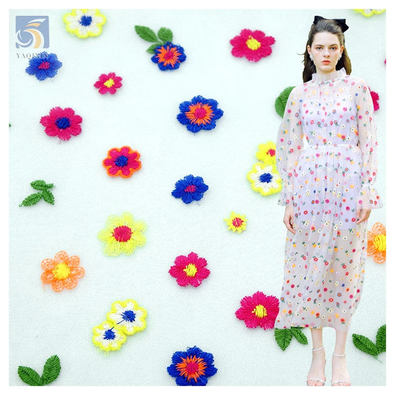 Hot Colorful 3D Floral Tulle Mesh Embroidered Fabric Lace Woman Dress Fabric Summer