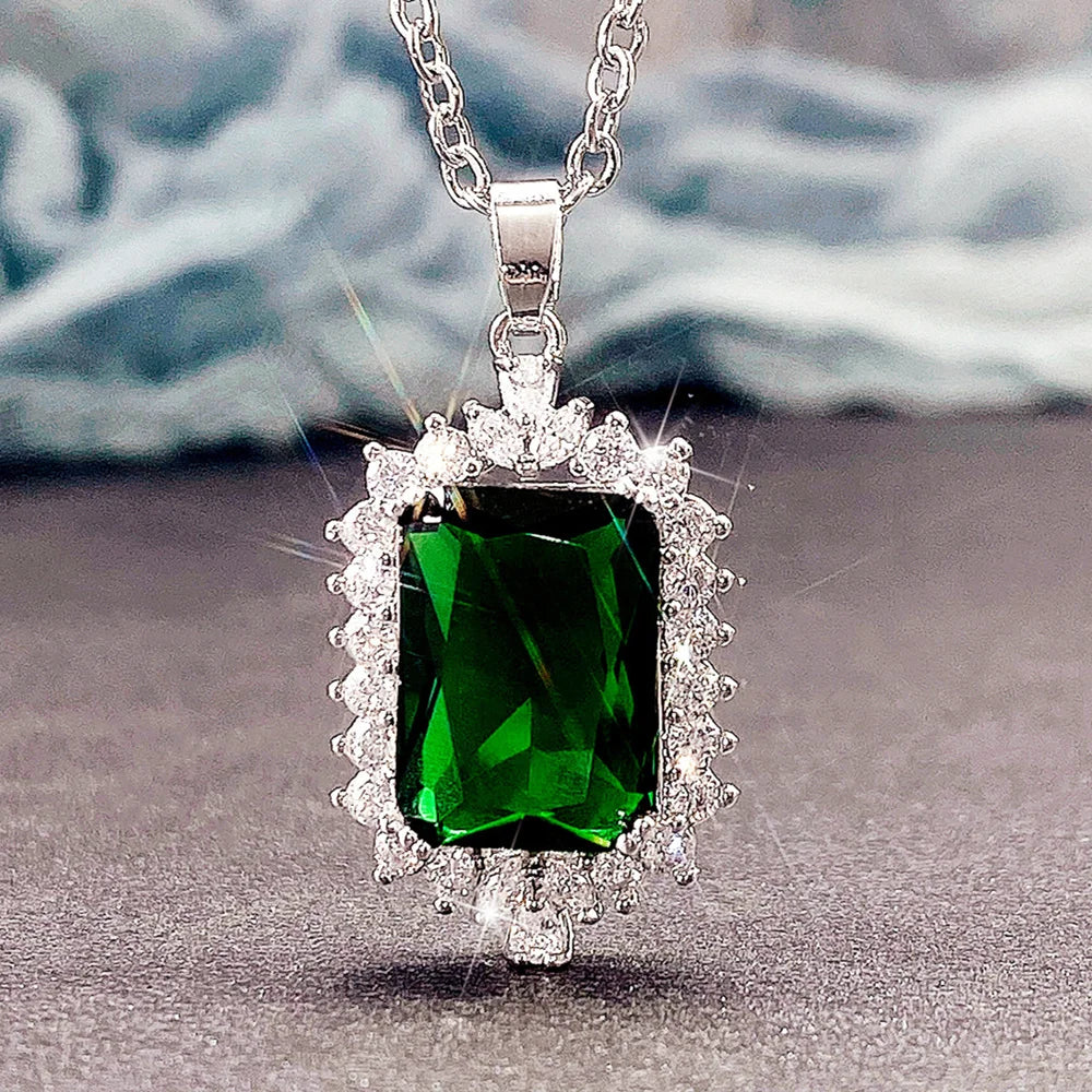 Huitan Rectangle Style Necklaces for Women Customized Silver Plated Green Color Zircon Emerald Engagement Necklace Pendant
