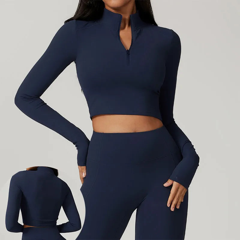 CNSHELL Custom Logo Nylon Brushed Fabric Tight Half Zipper Long Sleeves Yoga Fitness Running Gym Sports Crop Top