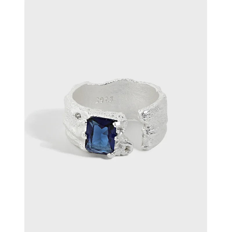 Vintage Luxury 925 Sterling Silver Irregular Blue Zircon Wedding Wide Open Rings for Women