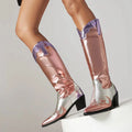 SHIKOL Custom Cowboy Boots Knee-high Bright Metallic Leather Big Size 46 Fall Winter Outdoor Party Western Ladies Cowgirl Boots