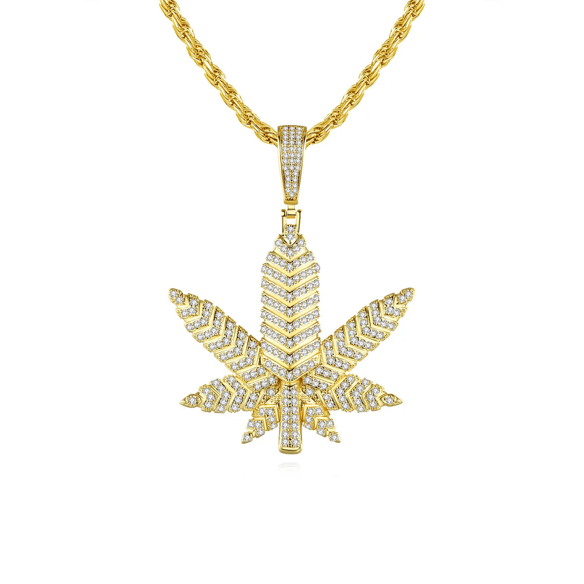 JINSE Zircon Pendants Jewelry Men Diamond Link Maple Leaf Cuban Chain Necklace