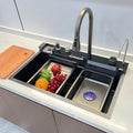 Modern Smart Single Bowl Kitchen Sink Stainless Steel Nano Black Honeycomb LED Piano Key Waterfall Faucet Smart Home Accessory