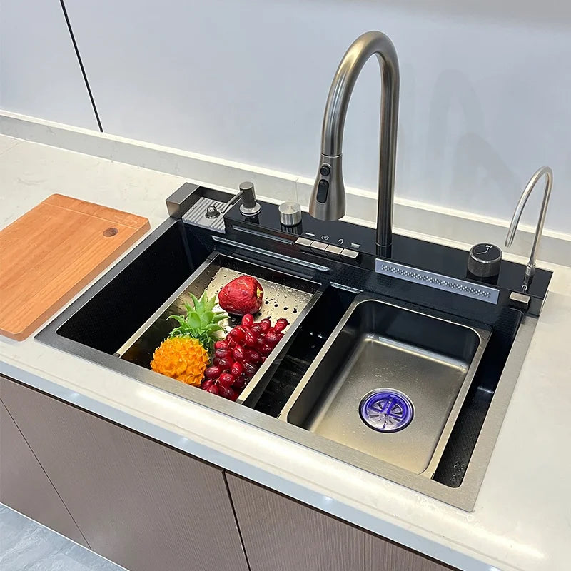Modern Smart Single Bowl Kitchen Sink Stainless Steel Nano Black Honeycomb LED Piano Key Waterfall Faucet Smart Home Accessory