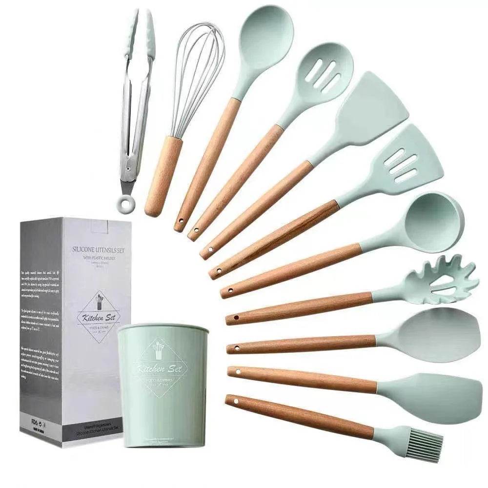 Custom Wholesale Household Silicone Wooden Cooking Utensil Kitchen Accessories Set With Wood Handles Utensilios Para El Hogar