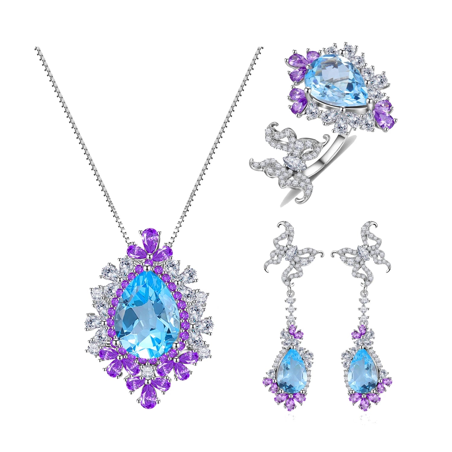 C9386 China Silver Jewelry Supplier Elegant Fashion Designs Pear Shaped Natural Blue Gemstone Jewellery Set