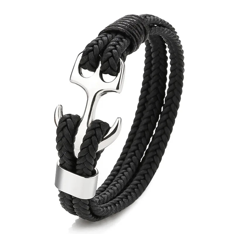 New Design Wholesale Handmade Stainless Steel Genuine Leather Cord Anchor Stainless Steel Bracelets for Men Women
