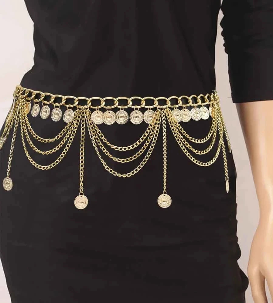Vintage Gold Metal Multilayers Coin Tassel Dress Dance Belly Waist Chains for Women Party Body Jewelry