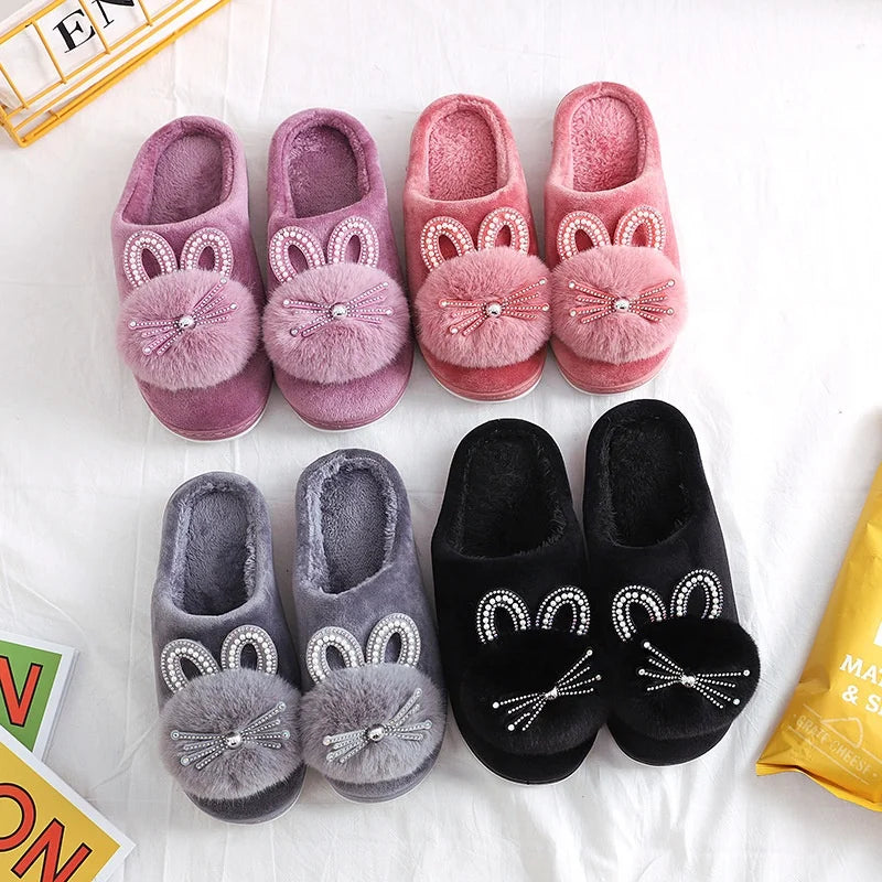 Winter Women Cute Pom-poms Fluffy Fur Plush Fuzzy Anti-Slip Home Warm Indoor for for Spring Autumn