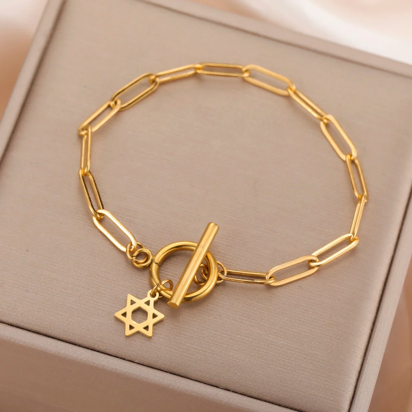 Star of David Charm Toggle Bracelet for Women Stainless Steel Paper Clip Chain Bracelets Amulet Jewish Jewelry Gift Wholesale