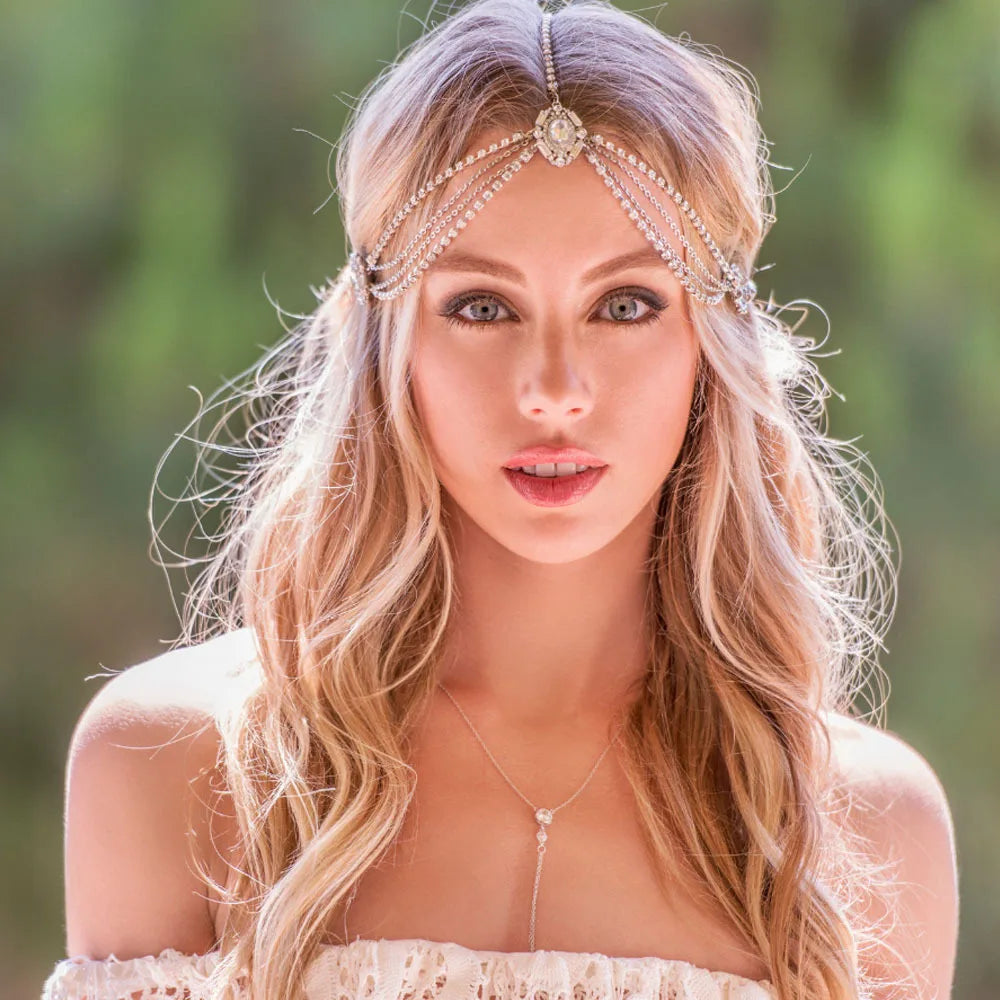 Bridal Headband Rhinestone Wedding Hair Chain Headpiece Accessories for Women Boho Forehead Head Chain Jewelry