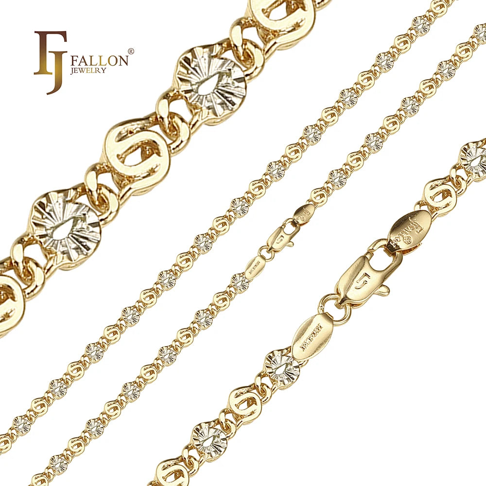 4.1mm+ FJ Fallon Fashion Jewelry Marquise Keyhole Snail Link Half Sunburst Chain Plated in 14K Gold Two Tone Brass