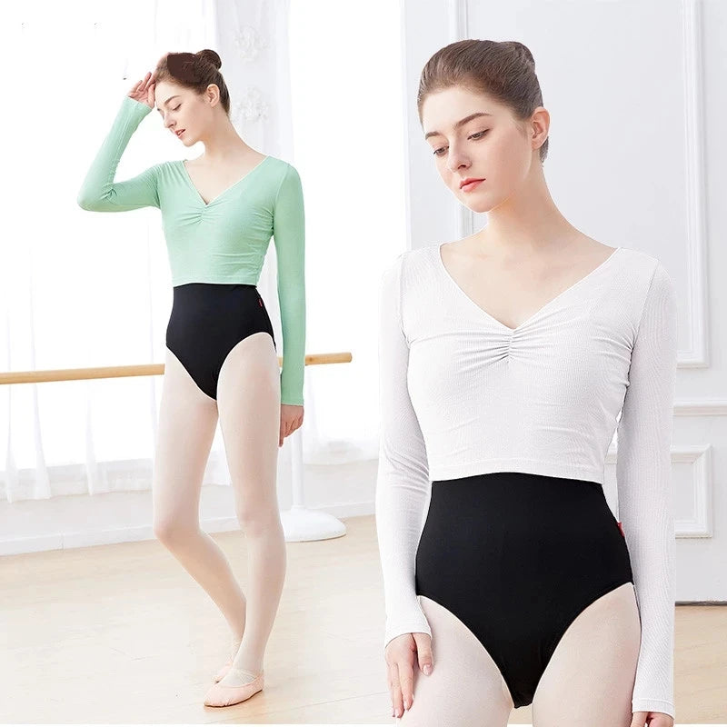 Women Autumn Knitted Ballet Dance Tops Adults V Neck Long Sleeve Warm Blouse for Dance Training
