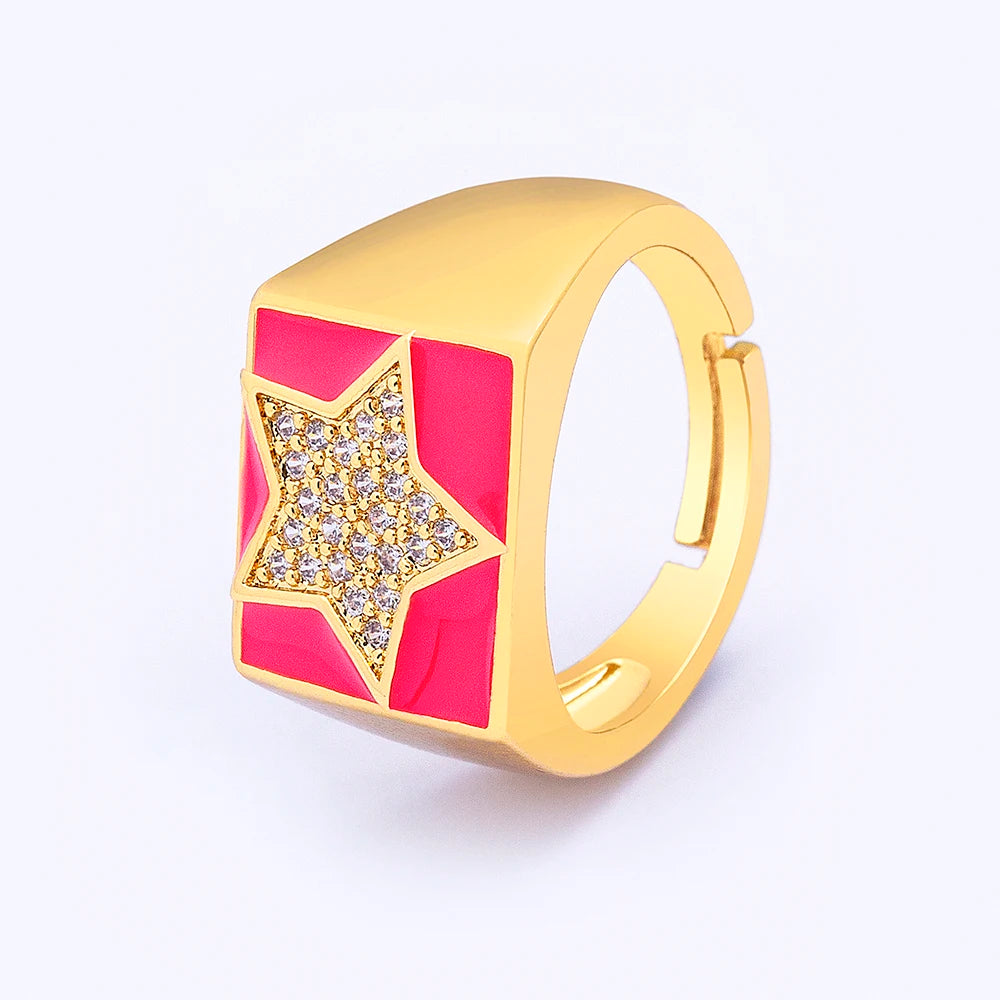 QIKU Exquisite Star/Palm Shape 3 Colors Oil Droplet Opening Adjustable Ring Copper Zircon Jewelry Women Unusual Accessories Gift