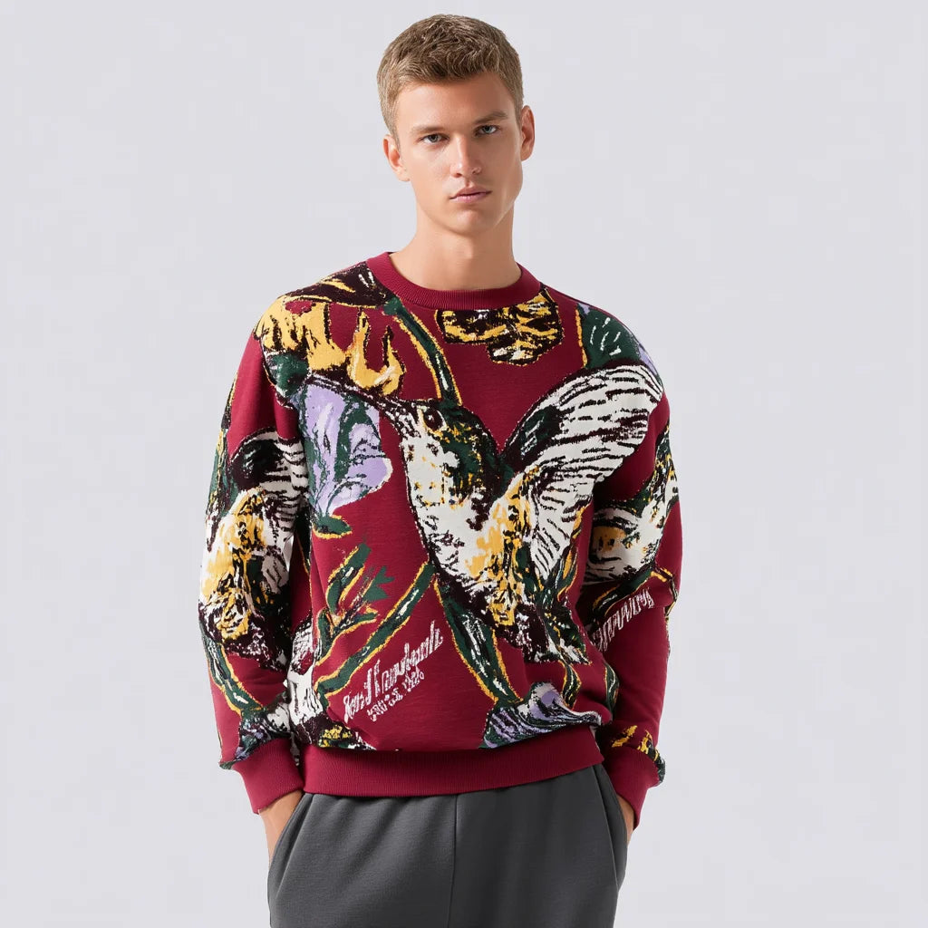 Men's 100% Cotton Floral Jacquard Sweater Long Sleeve Crew Neck All-Over Pattern Pullover Jumper Anti-Wrinkle Anti-Shrink Summer