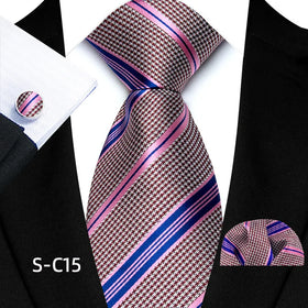 New Pink Neck Ties for Men Silk Ties Necktie Set Polyester Striped Business Tie With Handkerchief for Men
