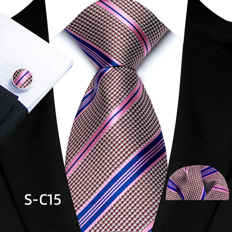 New Pink Neck Ties for Men Silk Ties Necktie Set Polyester Striped Business Tie With Handkerchief for Men