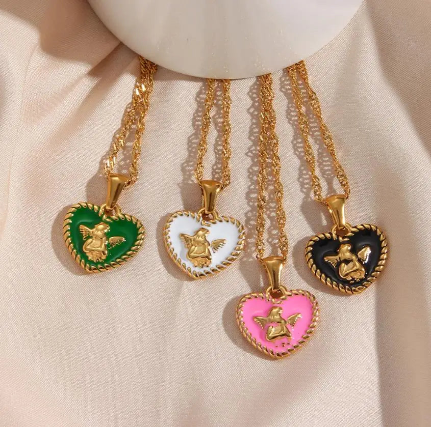 Women's Fashion Gold Plated Stainless Steel Pendant Necklace Link Chain Colorful Enamel Disc Necklace for Anniversary Occasions