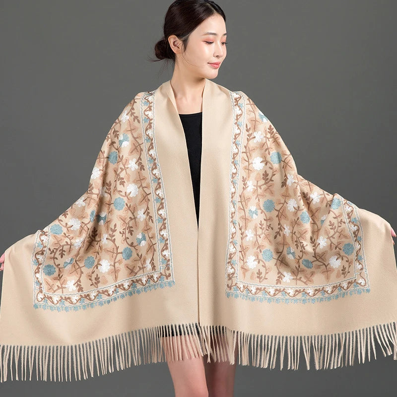Luxury Embroidered Pashmina Shawl Scarf Hijab Embroidery for Muslim Women Cashmere Feel Scarf
