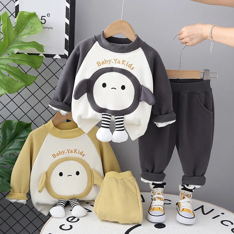 Children's Winter Cute Cartoon Children Fleece Lining Winter Hoodie Casual Two-piece Set