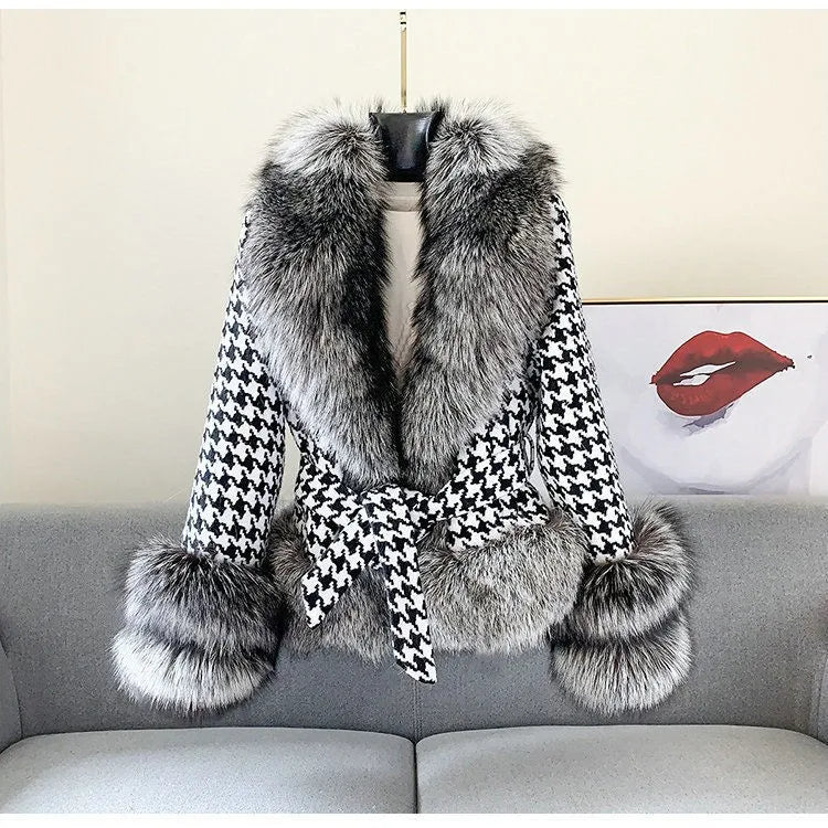 Autumn and Winter 2023 Fashion Big Imitation Fur Collar Short Jackets Women Thick Warm Plaid Outerwear Streetwear