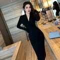 ZYHT 6050 Autumn New Arrival Ladies Fashion Clothes Twist V Neck Ruched Midi Long Sleeve Dresses Women