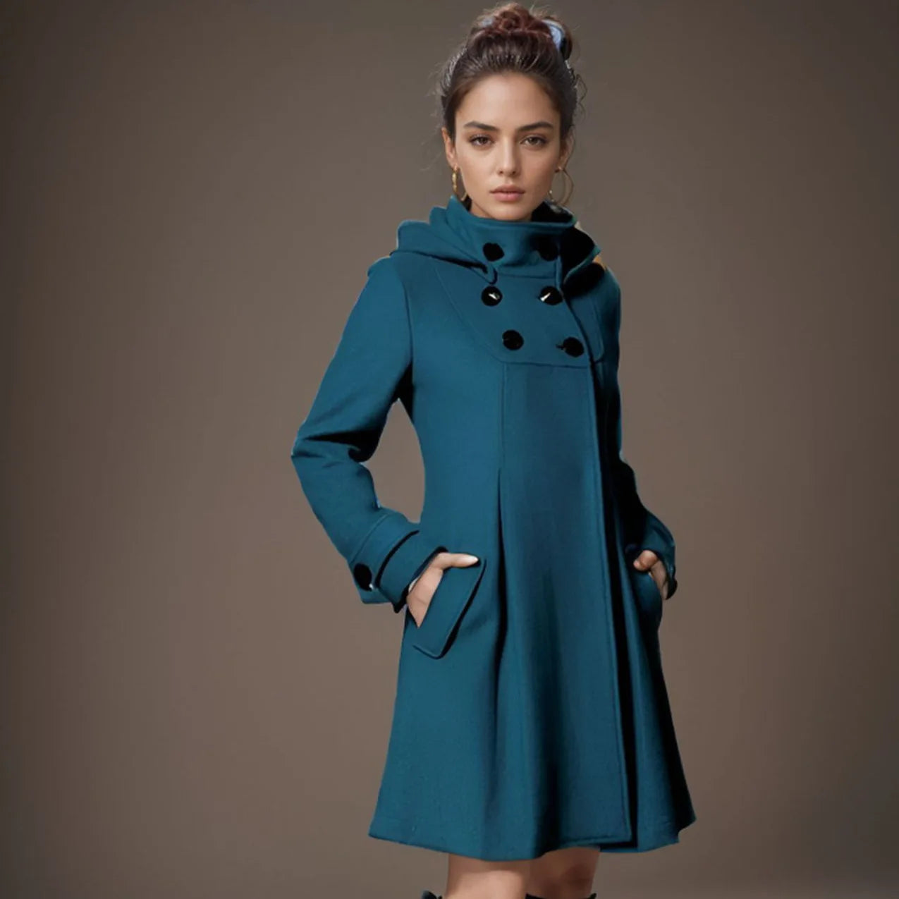 European Size Winter Double-Breasted Wool Coat Hooded Trench Hooded Cloak Shawl Coat for Women