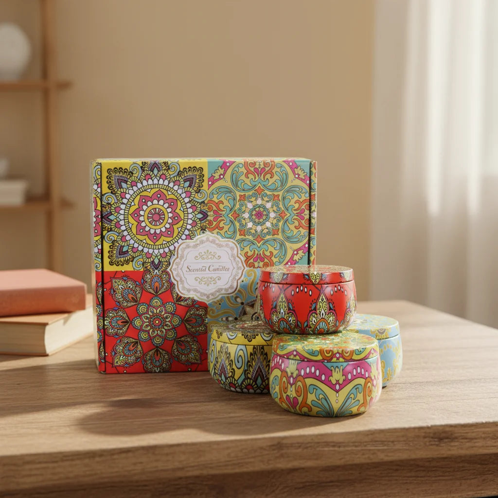 Empty 150ml Color Printed Metal Jars Set of 4 with 5oz Candle Tins Chocolate Storage Color Gift Box