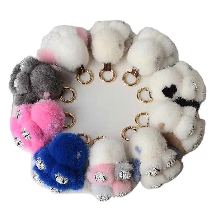 Long Ear Bunny Keychain 8cm Real Mink Fur Cute Rabbit Car Keychain Pendant Plush Diamond Bunny Bag Charms Plush Jewelry Gifts MegaBDM
