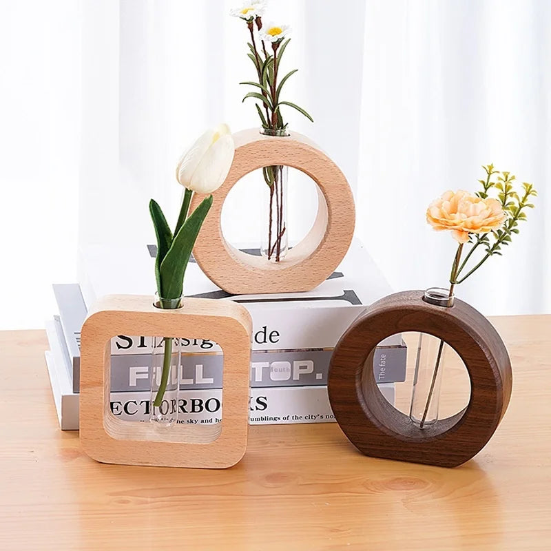 Modern Creative Solid Black Walnut Wood Self Watering Test Tube Vase Japanese Hydroponic Planter Eco-friendly Simple Desktop