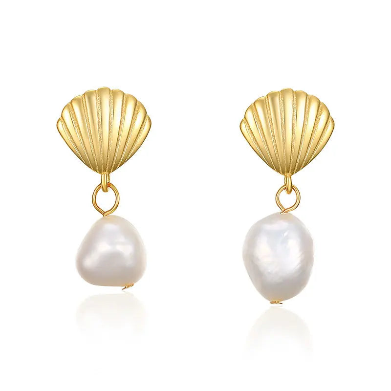 Fashion Jewelry 925 Sterling Silver Pearl Earrings Irregular Real Natural Pearls Shell Gold Plated Stud Earrings for Women
