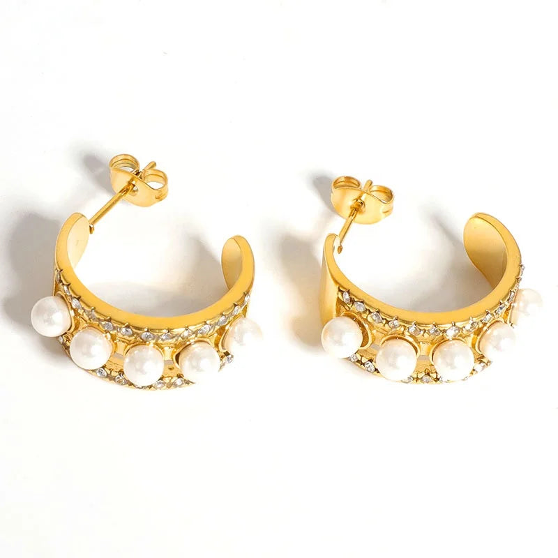 2022 New Trendy Statement 18K Gold Plated Titanium Stainless Steel Female Crescent Micro Zircon Inlaid Pearl Stud Earrings
