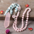 Pink Crystal Rose Quartz Mala Necklace for Women Jewelry  Healing Larimar Chip Beads Knot Necklaces Gift