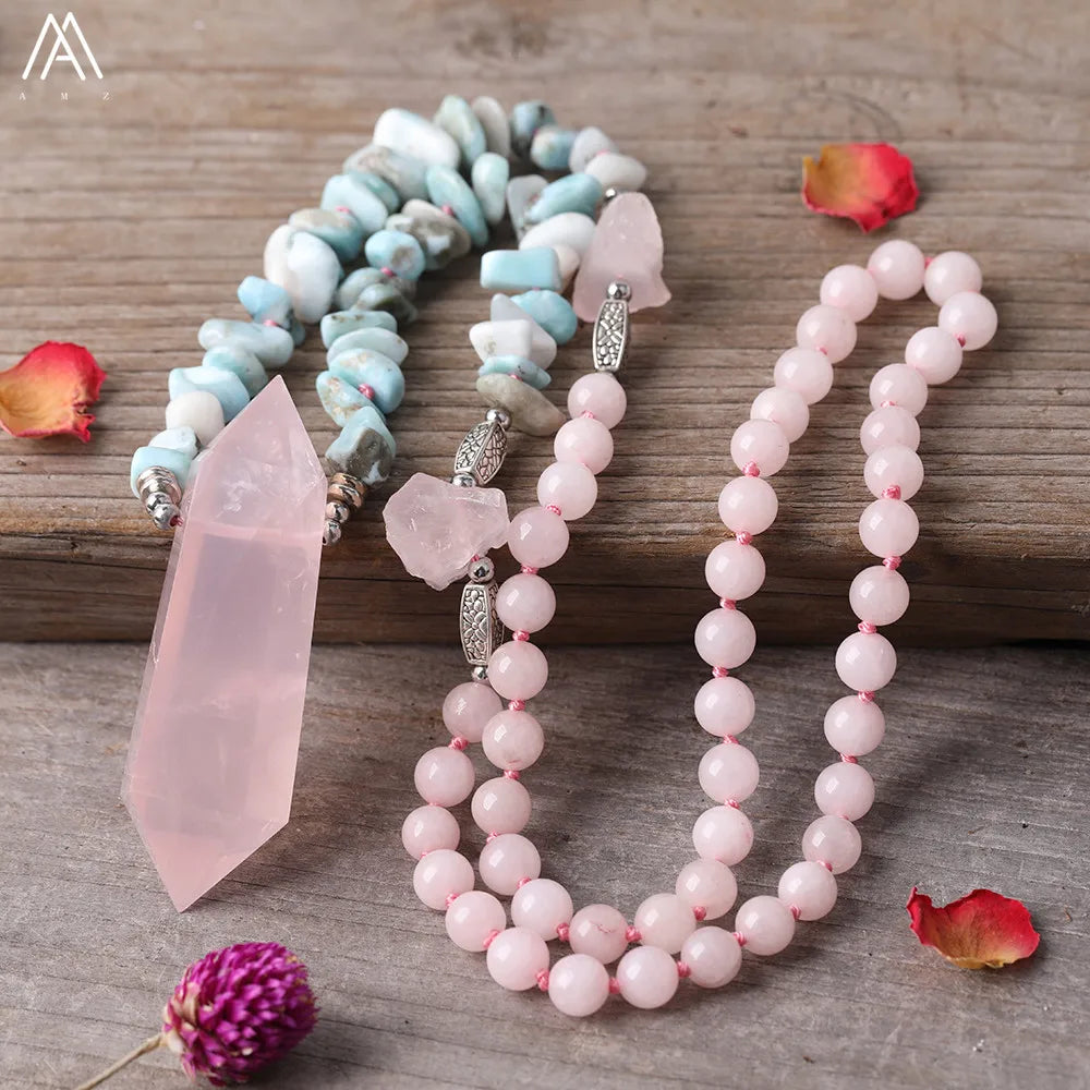 Pink Crystal Rose Quartz Mala Necklace for Women Jewelry  Healing Larimar Chip Beads Knot Necklaces Gift