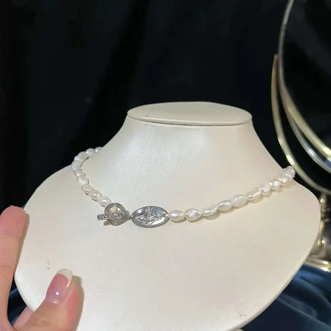 Natural AAA Grade Baroque Pearl Collarbone Chain Necklace 6-7MM Women's Zhuji Pearl Jewelry 40cm Long Silver Plated Pearl
