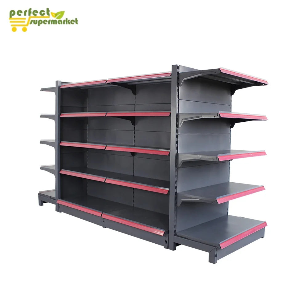 Metallic Double-Sided Heavy Duty Gondola Rack with Solid Shelves for Supermarkets Grey Epoxy Powder Coated