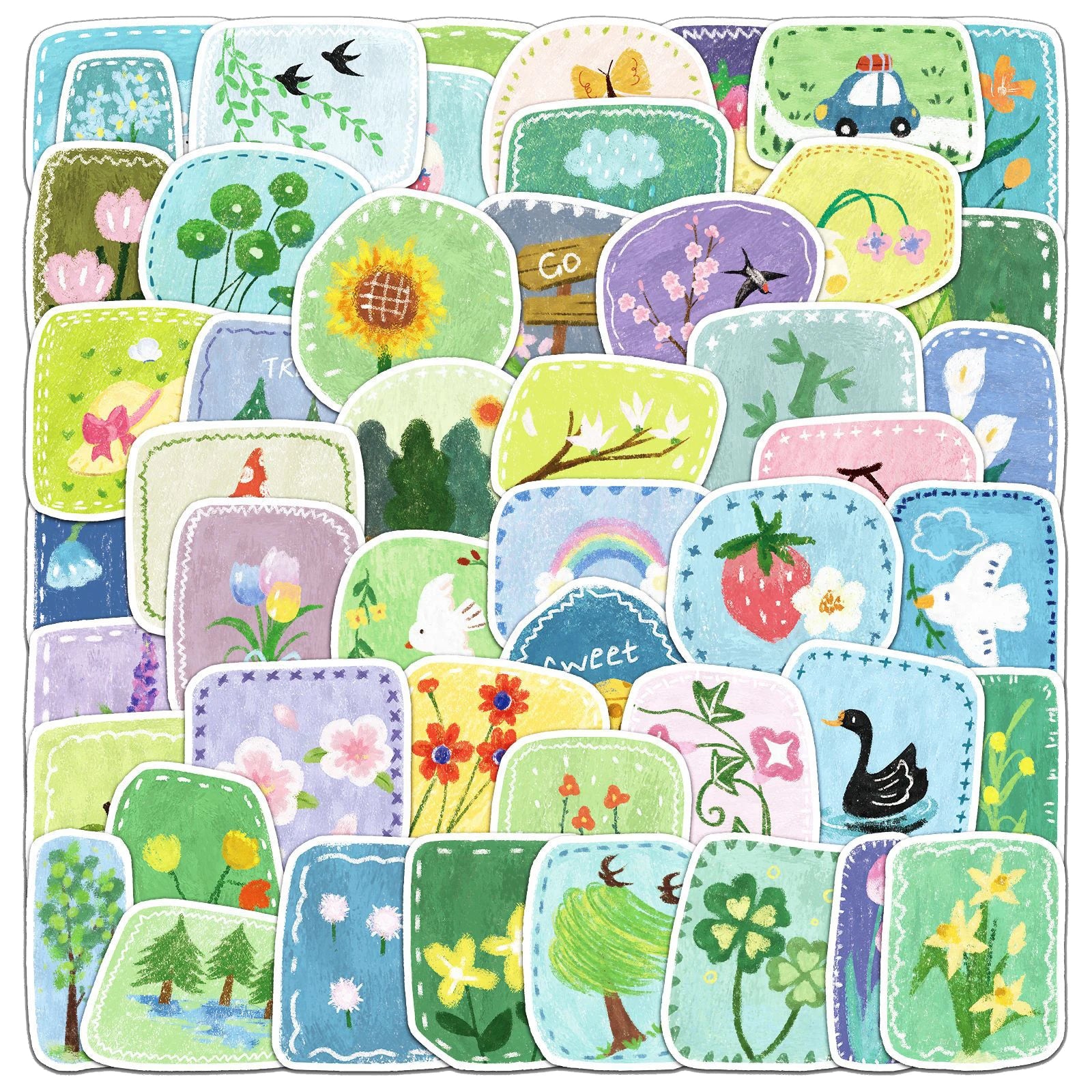 50Pcs Spring Cute Oil Painting Graffiti Stickers for Kids Book Luggage Cartoon Spring Day Drawing Sticker