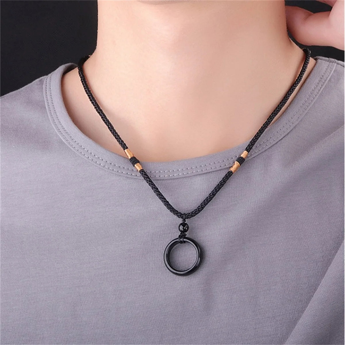 Men Women Vintage Black Crystal Agate Round Ring Pendant Woven Rope Cord Necklace Jewelry Gift