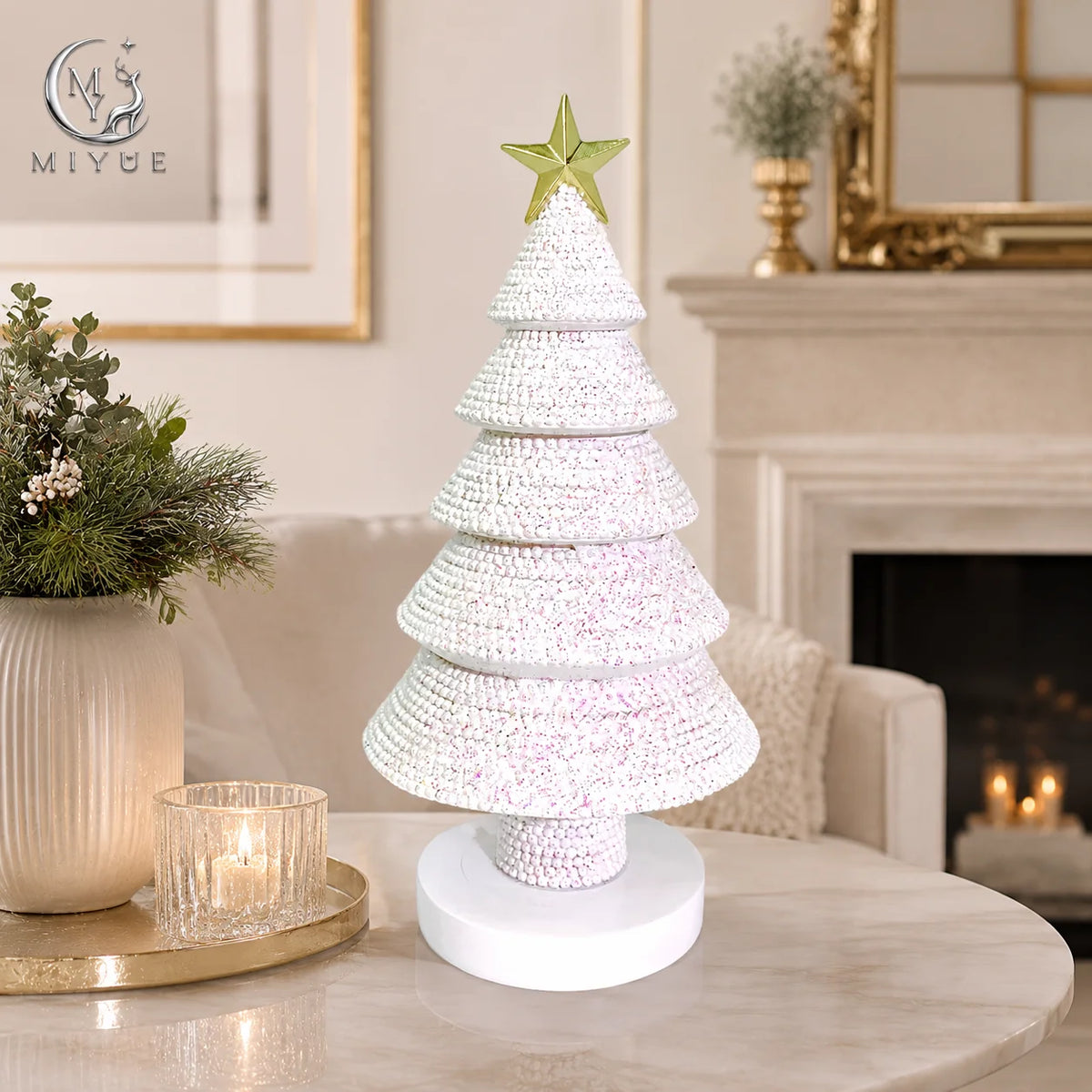 White Tiered Artistic Airbrushed Christmas Tree Resin Figurine MODEL Golden Star Topper Winter Holiday Xmas Tabletop Mantel Home MegaBDM