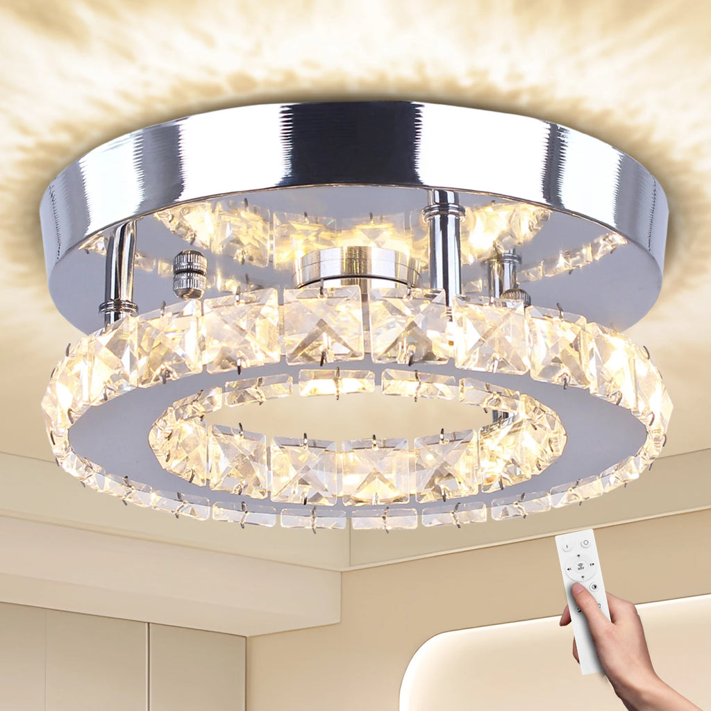 Modern Round K9 Crystal LED Ceiling Light Dimmable Surface Mounted Small Ceiling Chandelier with Remote Control