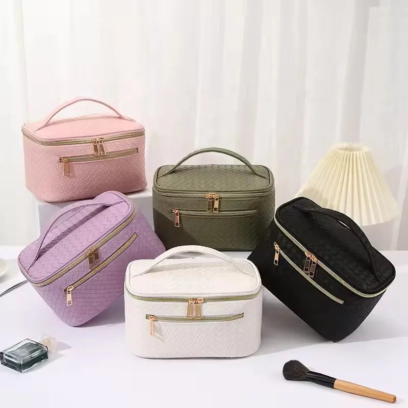 Wholesale PU Leather Makeup Case Double Layer Large Organizer Bag Large Capacity Travel Cosmetic Bag for Women