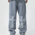 ZY Custom Embroidered Jeans Fashion Street Hip Hop Mid Rise Baggy Jeans Trousers Cross Distressed Embroidery Men's Denim Pants