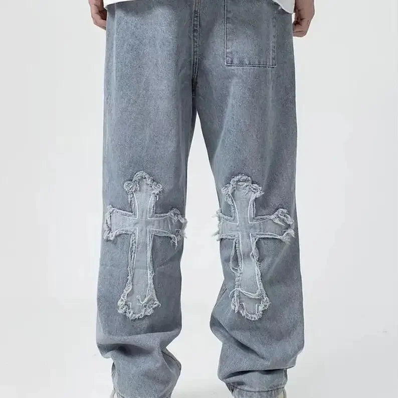 ZY Custom Embroidered Jeans Fashion Street Hip Hop Mid Rise Baggy Jeans Trousers Cross Distressed Embroidery Men's Denim Pants