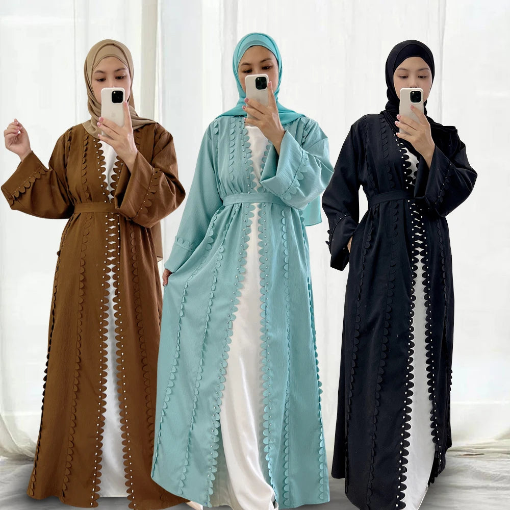 Loriya 2026 New Design Traditional Muslim Clothing Fashion Diamond Open Abaya Turkey Style Women Abaya Muslim Dresses With Belt